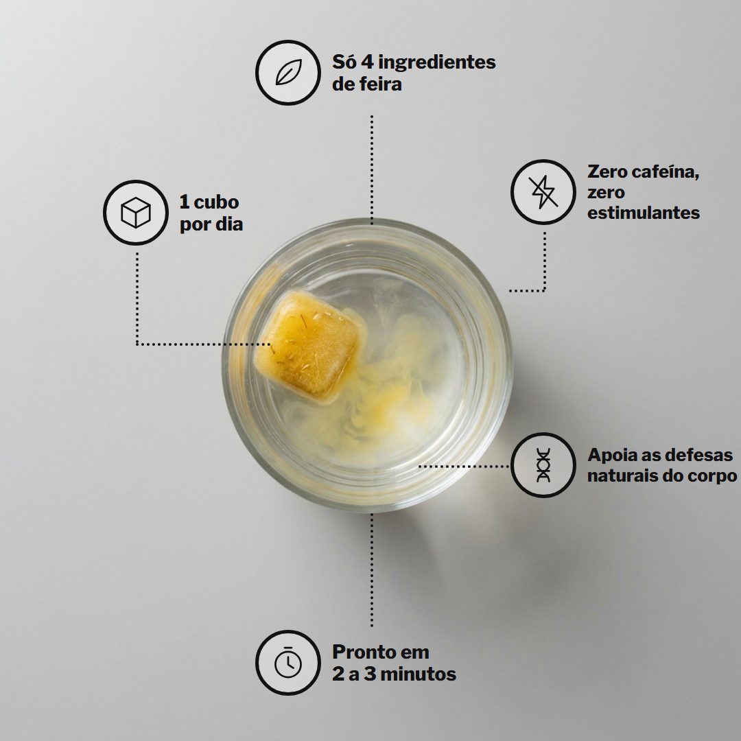 Copo d'água visto de cima com o Cubo Antioxidante dissolvendo e os pontos do ritual