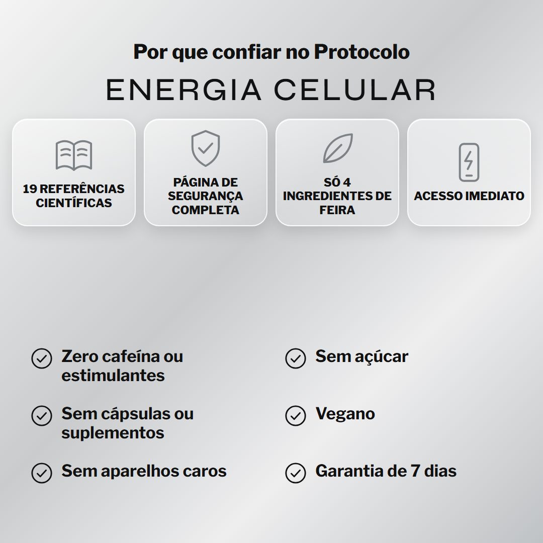 Por que confiar no Protocolo Energia Celular: 19 referências científicas, página de segurança, 4 ingredientes de feira, acesso imediato