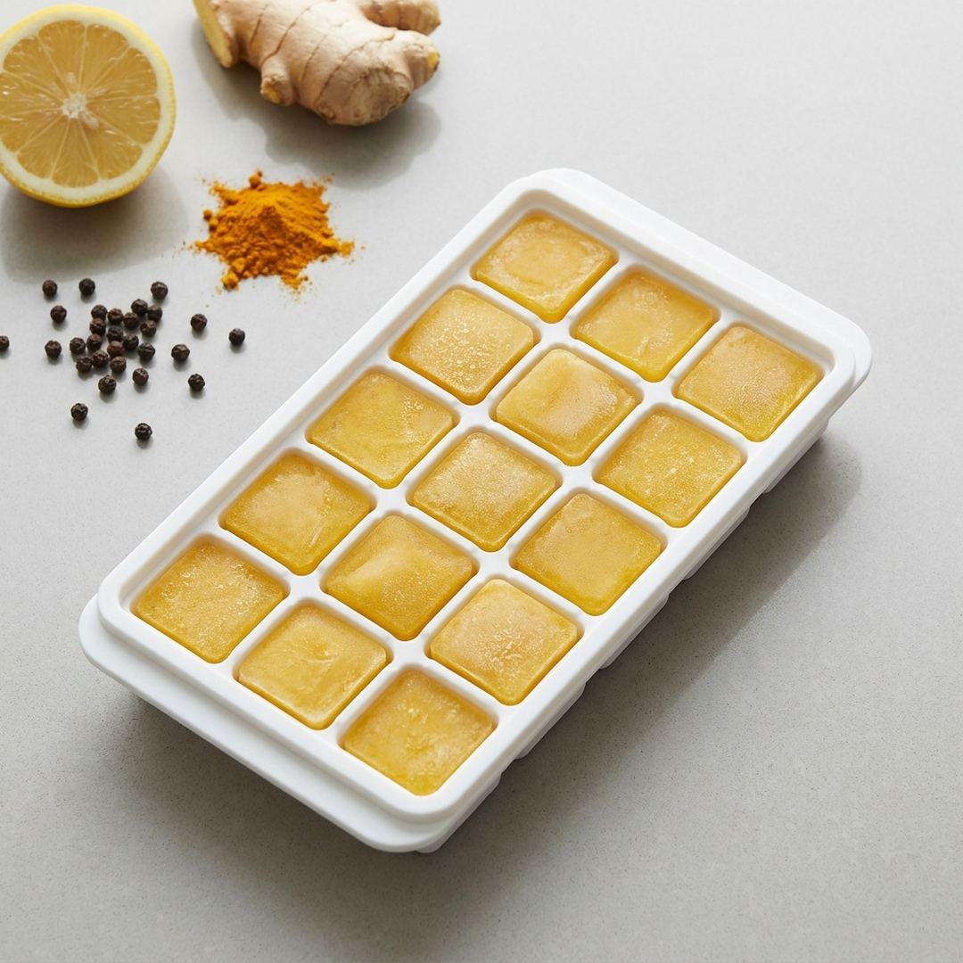 Forminha de gelo com os cubos amarelos de cúrcuma, limão e gengibre